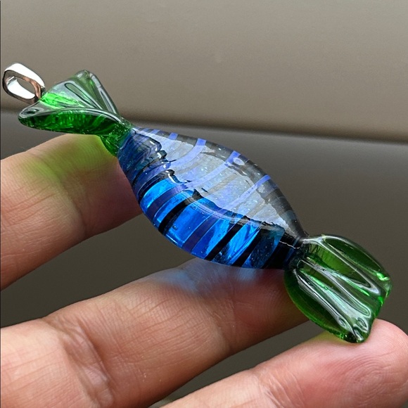 🖤Venetian Murano glass Candy 🍬 Pendant - green clear blue - Picture 2 of 12